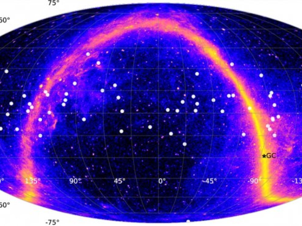Цветом показано небо в гамма-лучах, ярко прослеживается плоскость Галактики. Направления прихода нейтрино показаны белыми кружками. Центр Галактики (‘GC’) отмечен звездочкой. Российский нейтринный телескоп Байкал-GVD чувствителен к этой области неба и сможет поймать оттуда нейтрино