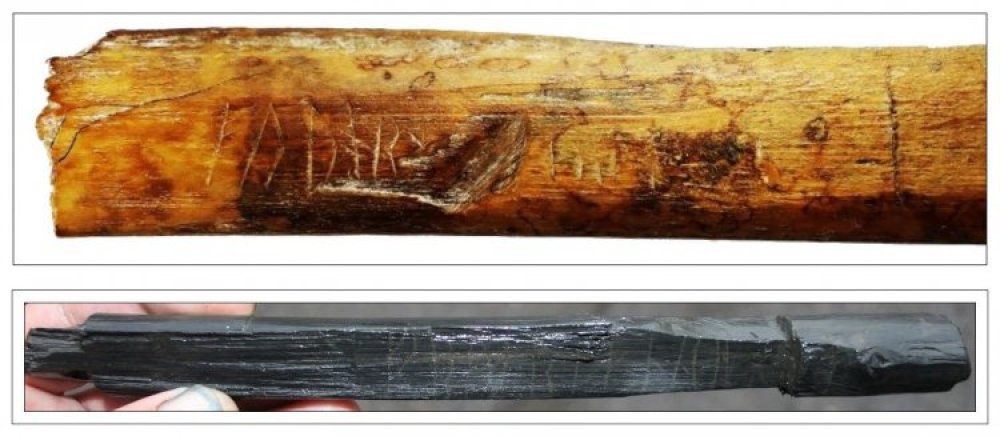 Сверху: фрагмент кости с футарком. Внизу: деревянный предмет с футарком