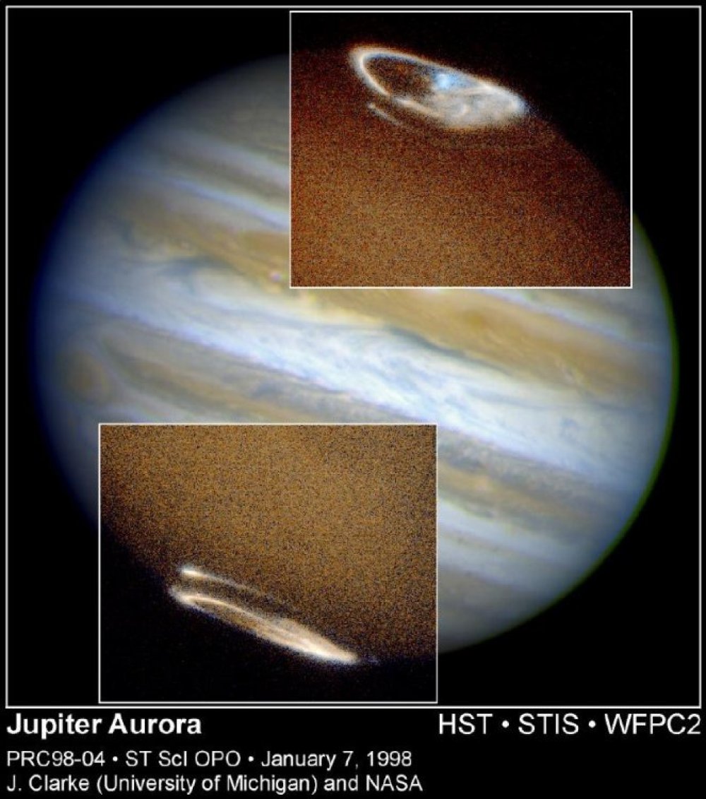 Фото планеты Юпитер и фото полярных сияний, сделанные разными инструментами телескопа «Хаббл» (видимый диапазон и ультрафиолет). Фото: J.Clarke and NASA